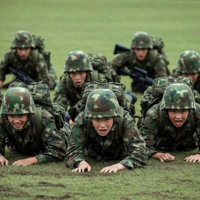 Asian soldiers crawling in training