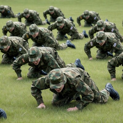 Soldiers doing pushups on grass field