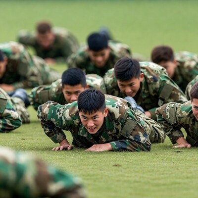 Asian soldiers doing push-ups on grass