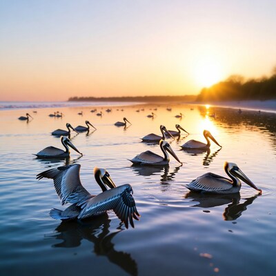 Pelicans swimming at sunset beach