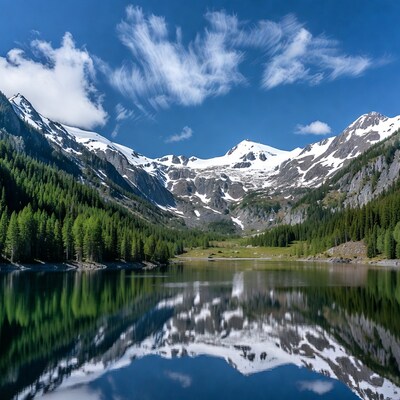 Mountain Lake with Snow Peaks Reflection