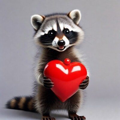 Cute raccoon holding red heart