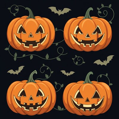Cartoon Jack-o-Lantern Pumpkins with Bats