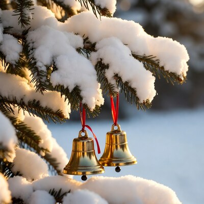 Golden bells hanging on snowy Christmas tree