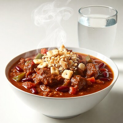 Steaming Chili Bowl with Crackers and Water