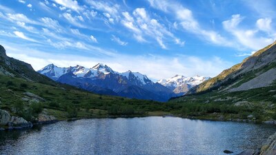 Alpine Lake with Snowy Mountains