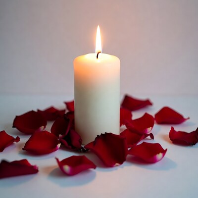 Lit Candle Surrounded by Red Rose Petals