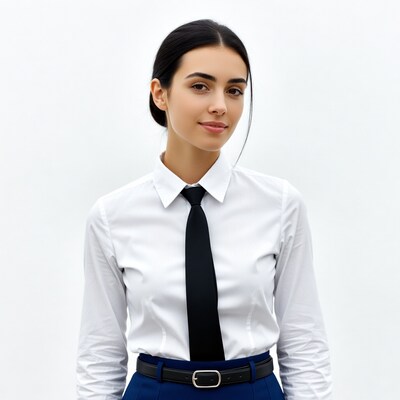 Woman in white shirt black tie skirt