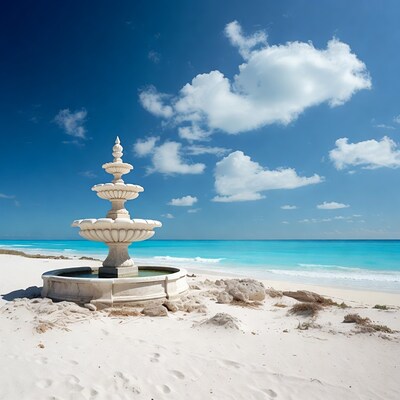 White Fountain on Tropical Beach