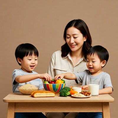 Asian mom and boys eating healthy food