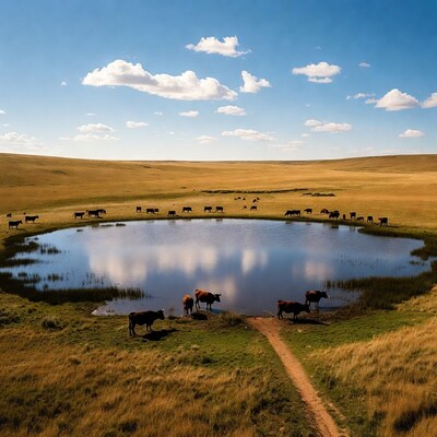 Cows surrounding pond in golden grassland