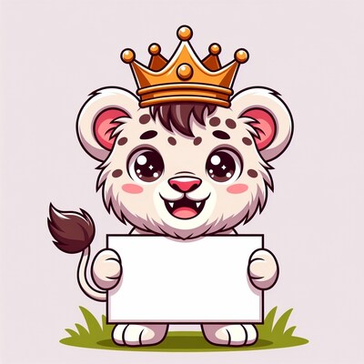 Cute white lion cub holding blank sign