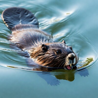 Beaver swimming in water with open mouth