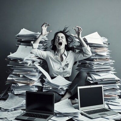 Woman screaming amid paperwork chaos