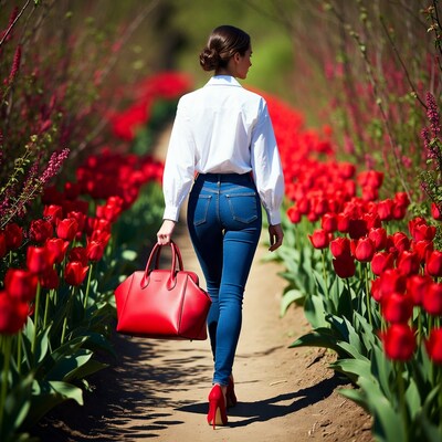 Woman walking tulip field with red bag