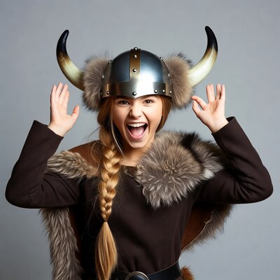 Girl shouting in Viking helmet