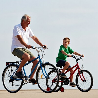 Grandfather and boy biking together