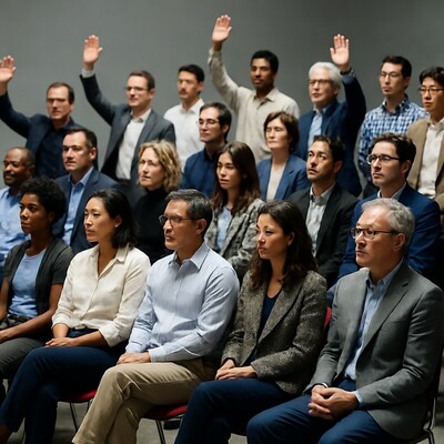 Diverse group raising hands in meeting