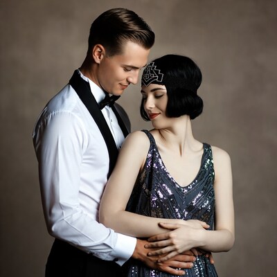 Man embracing woman in 1920s attire