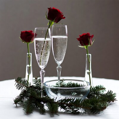Red Roses in Champagne Flutes with Fir