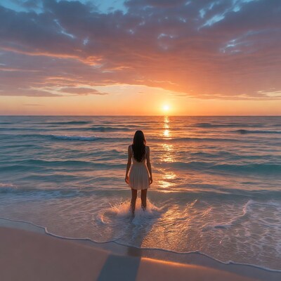 Woman in white dress at sunset beach