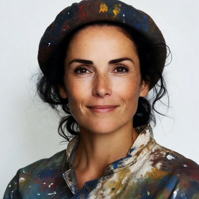 Woman in paint-splattered beret and smock