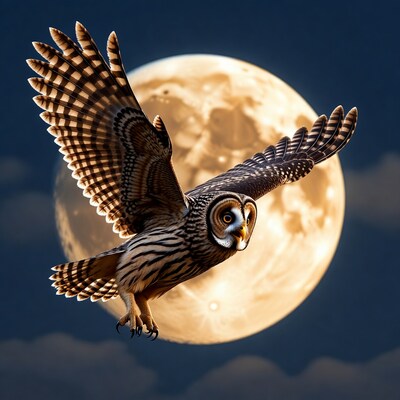 Barn Owl Flying in Front of Moon