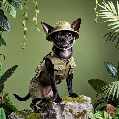 Chihuahua in safari outfit on rock