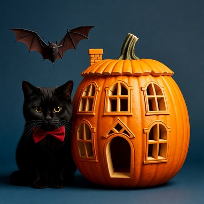 Black Cat with Haunted Pumpkin House