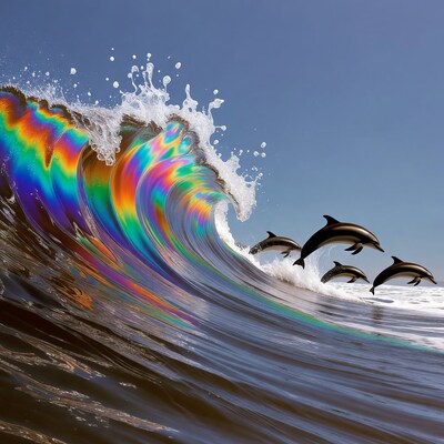 Iridescent Wave with Jumping Dolphins
