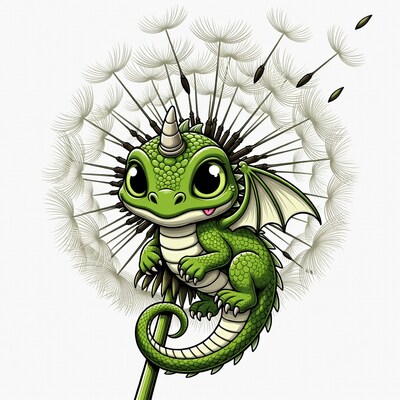 Cute baby dragon on dandelion