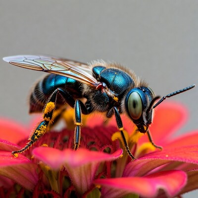 Blue Metallic Bee on Red Zinnia