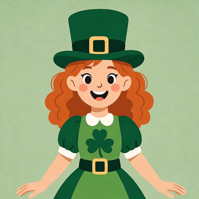 Smiling girl in green leprechaun costume