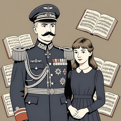 Military officer and girl with music scores