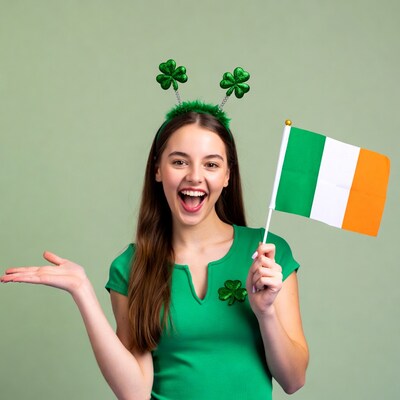 Girl waving Irish flag with shamrocks