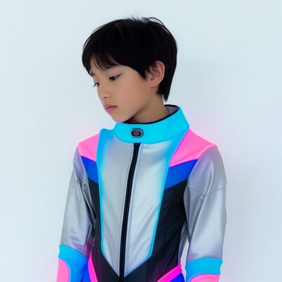 Asian boy in colorful shiny jacket
