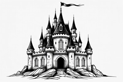 Fantasy Castle on Rocks Illustration