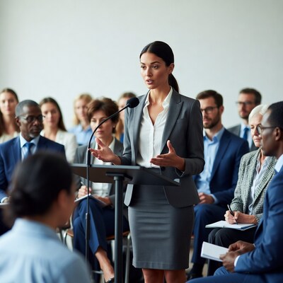 Woman speaking at podium with audience