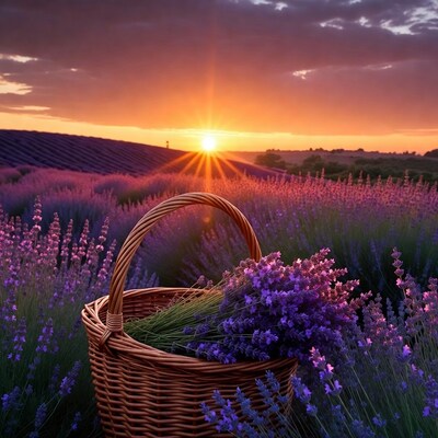 Lavender Basket in Sunset Field