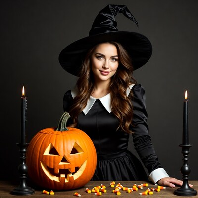 Woman in Witch Costume with Jack-o'-lantern