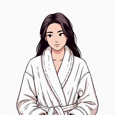 Asian woman in white bathrobe