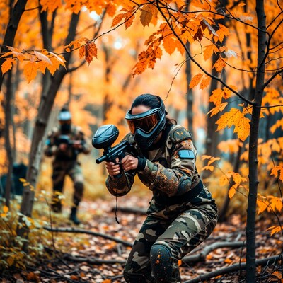 Woman playing paintball in autumn forest