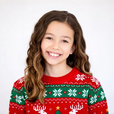 Girl smiling in red Christmas sweater