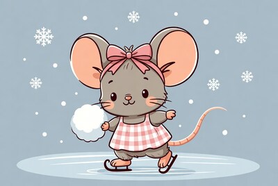 Cute mouse ice skating with snowball