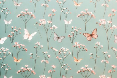Pink Flowers and Butterflies on Teal Background