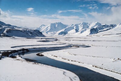 Snowy River Winding Through Mountains