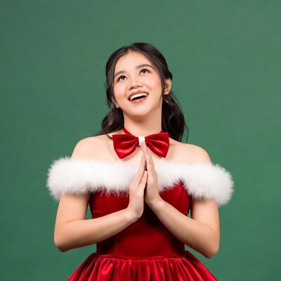 Asian girl praying in red Santa dress