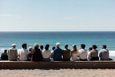 Diverse group sitting on beach bench