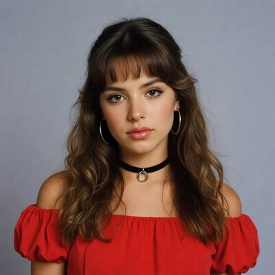 Woman with bangs in red off-shoulder top