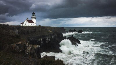 Lighthouse on stormy coastal cliffs